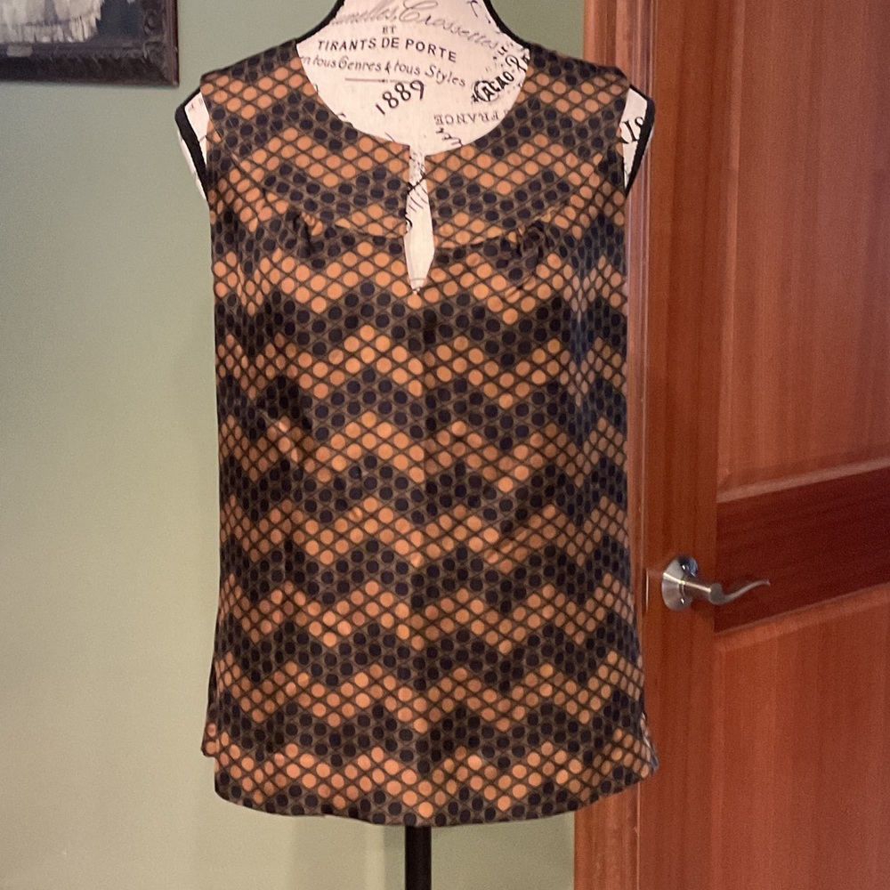 Tory Burch Black and Tan Geometric Blouse, Size 4